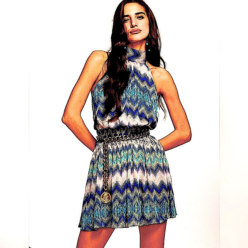 RAMY BROOK GEORGIANA CHEVRON HALTER DRESS COLORFUL ELASTICIZED STRETCHY WAIST SM